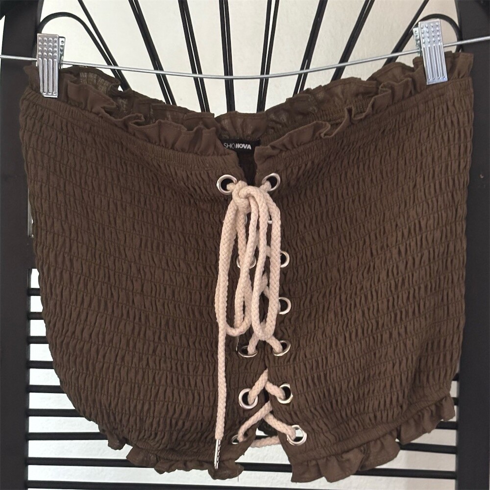 Fashion Nova Shorts Womens XL Brown Smocked Lace-Up Ruffle Hem Festival